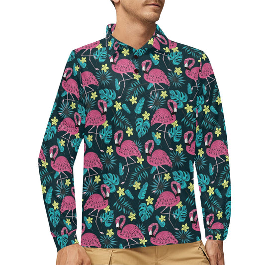 Flamingo Print Pattern Long Sleeve Polo Shirt For Men's