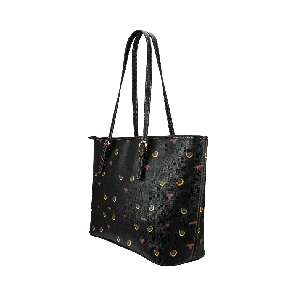 Black Cat Face Print Pattern Leather Tote Bag