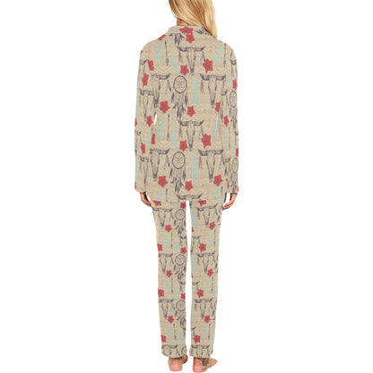 Native Buffalo Head Themed Design Print Women's Long Pajama Set