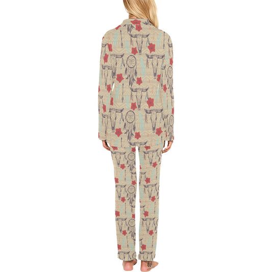 Native Buffalo Head Themed Design Print Women's Long Pajama Set