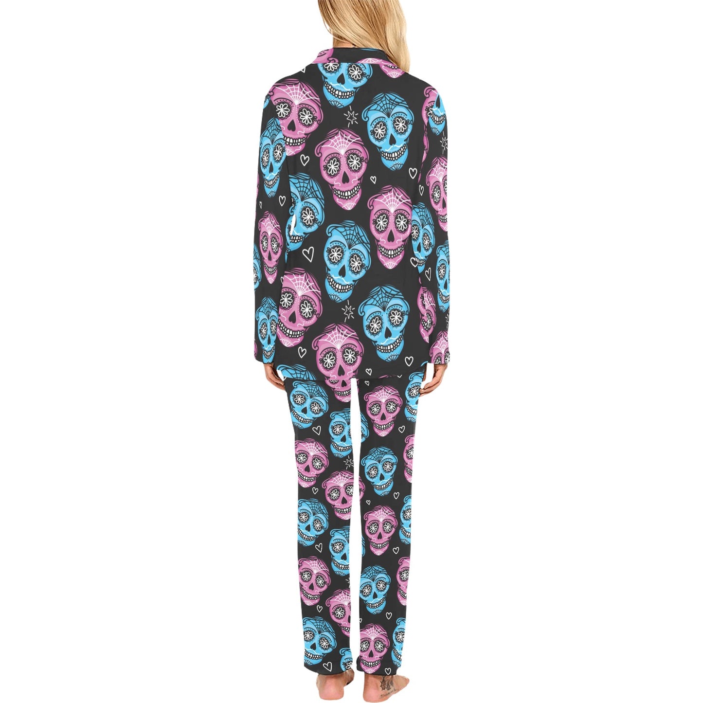 Day of the Dead Skull Print Pattern Women's Long Pajama Set