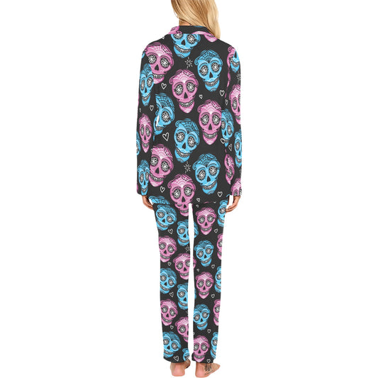 Day of the Dead Skull Print Pattern Women's Long Pajama Set