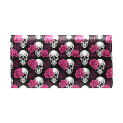 Pink Rose Skull Themed Print Women's Trifold Wallet