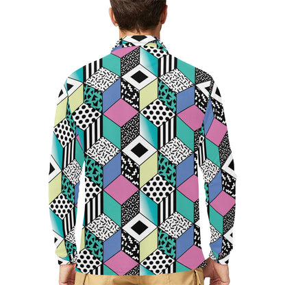 90s Pattern Print Design 3 Long Sleeve Polo Shirt For Men's
