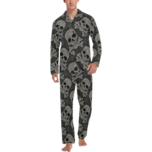 Paisley Skull Pattern Print Design A01 Men's Long Pajama Set
