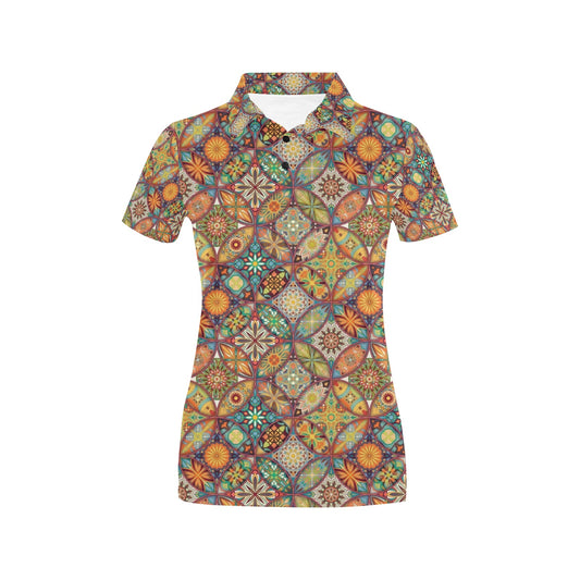 Mandala Flower Themed Design Print Women's Polo Shirt