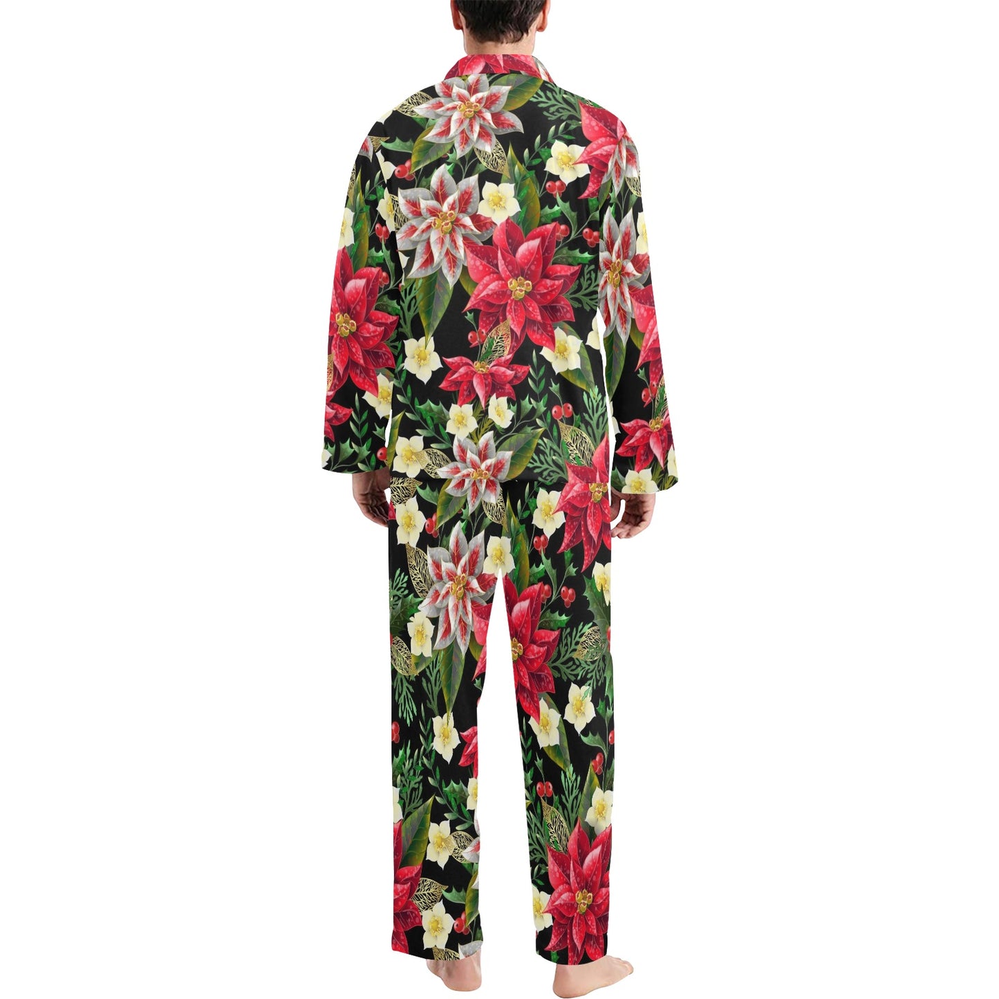 Poinsettia Pattern Print Design POT05 Men's Long Pajama Set
