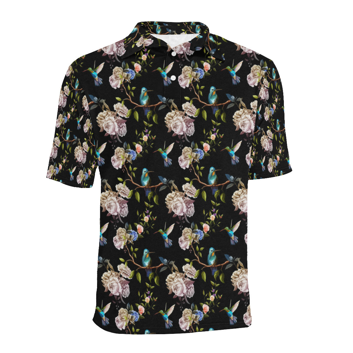 Hummingbird Flower Themed Print Men Polo Shirt