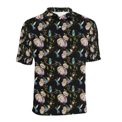 Hummingbird Flower Themed Print Men Polo Shirt