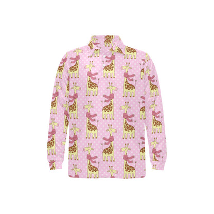 Giraffe Cute Pink Polka Dot Print Long Sleeve Polo Shirt For Men's