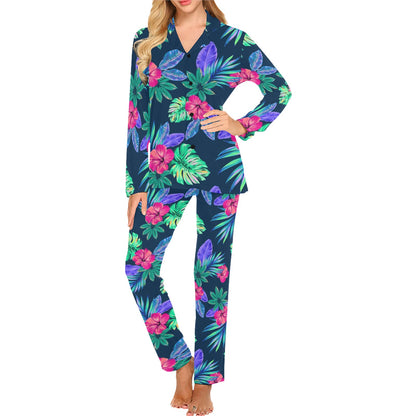 Tropical Flower Pattern Print Design TF09 Women's Long Pajama Set