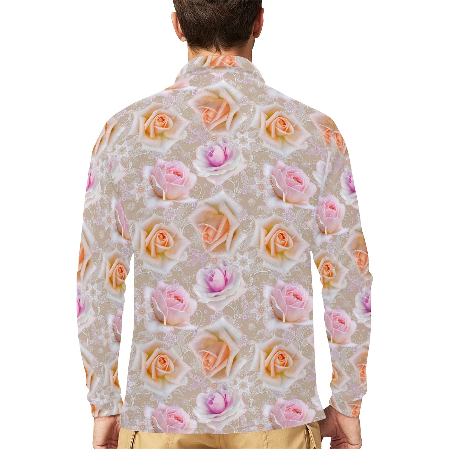 Rose Pattern Print Design RO011 Long Sleeve Polo Shirt For Men's