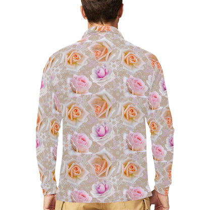 Rose Pattern Print Design RO011 Long Sleeve Polo Shirt For Men's