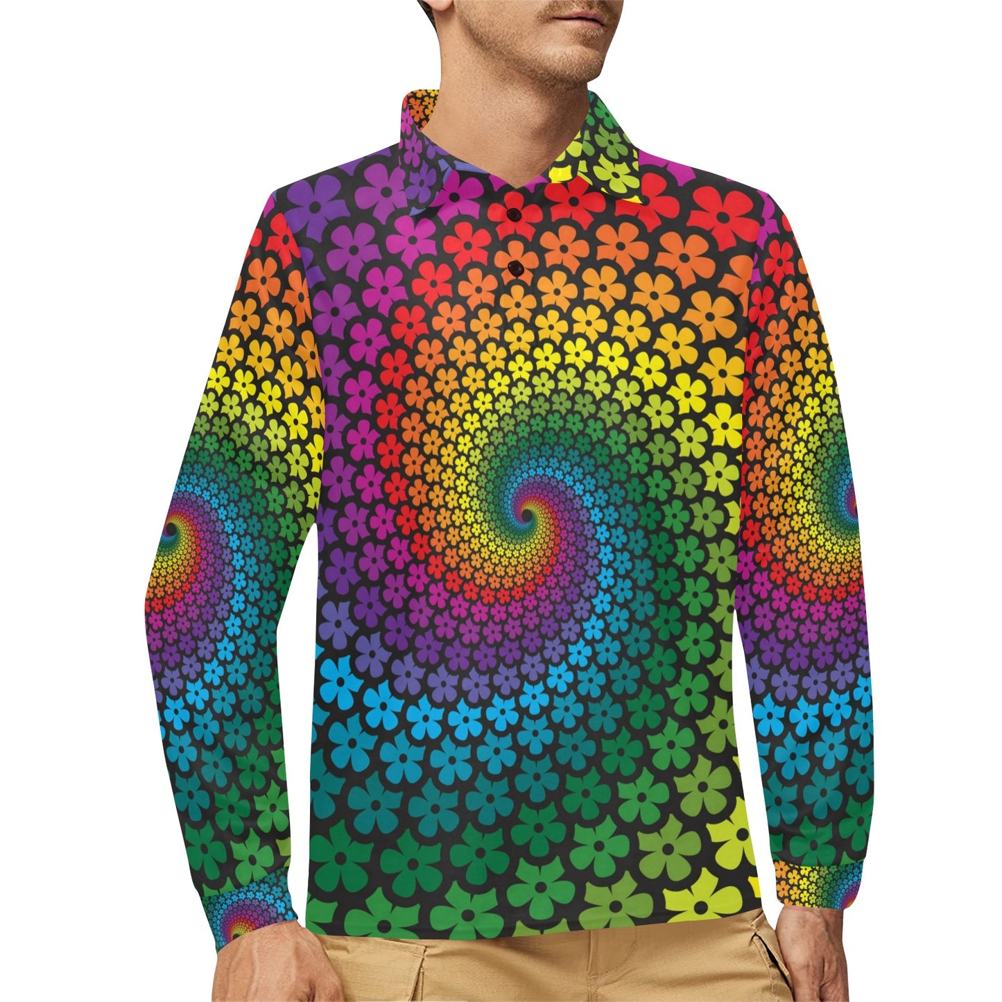 Flower Power Rainbow Spiral Print Long Sleeve Polo Shirt For Men's