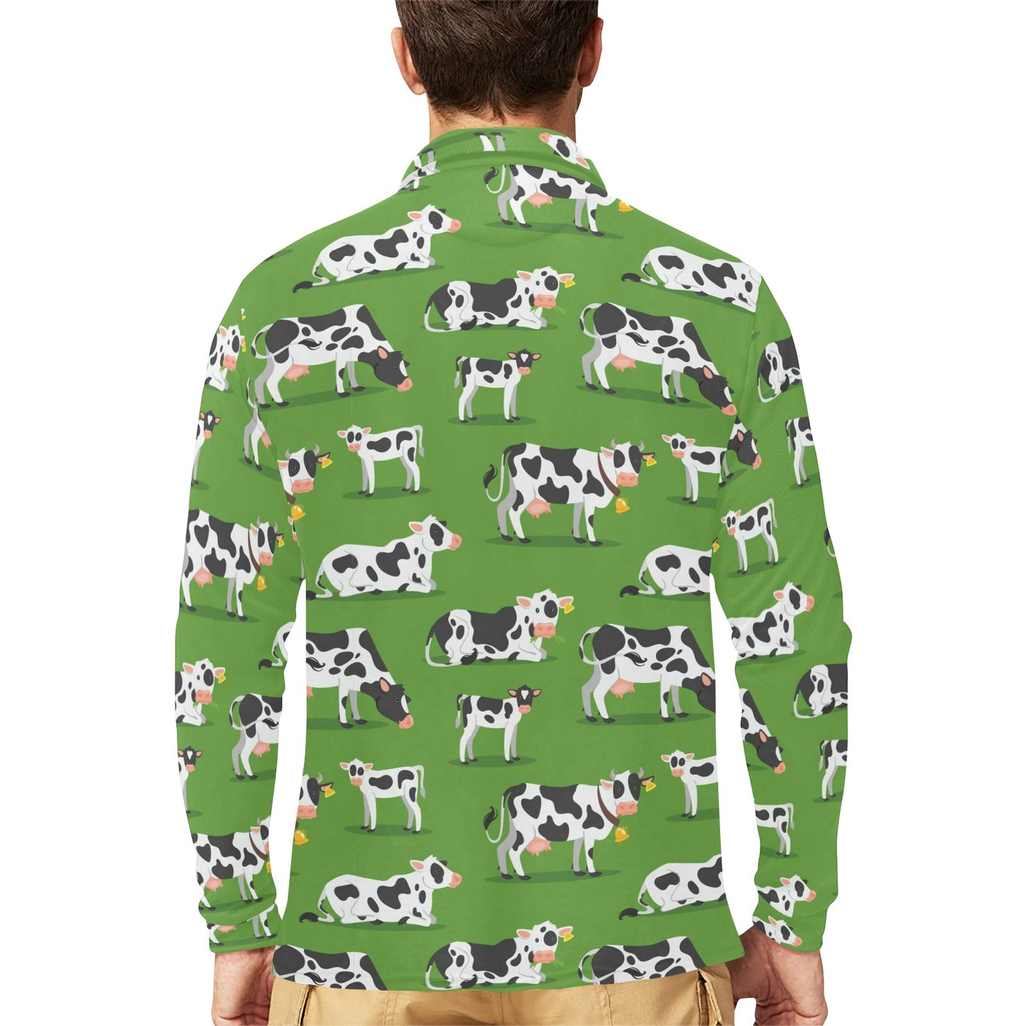 Cow Happy Print Pattern Long Sleeve Polo Shirt For Men's