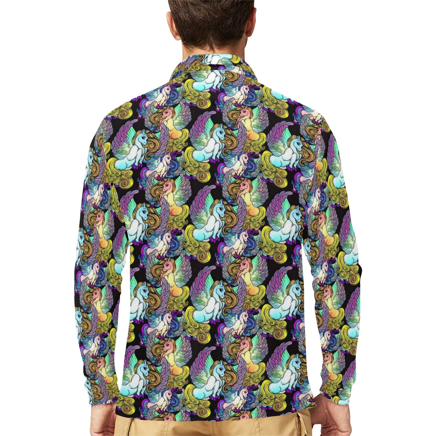 Unicorn With Wings Print Pattern Long Sleeve Polo Shirt For Men's