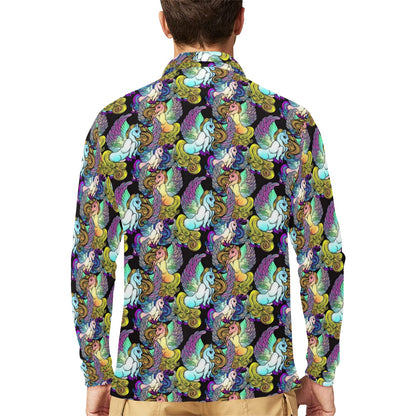 Unicorn With Wings Print Pattern Long Sleeve Polo Shirt For Men's