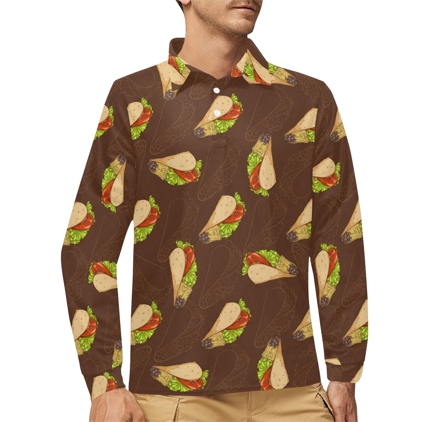 Taco Pattern Print Design TC08 Long Sleeve Polo Shirt For Men's