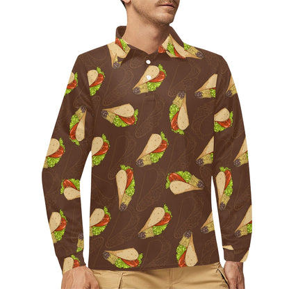 Taco Pattern Print Design TC08 Long Sleeve Polo Shirt For Men's
