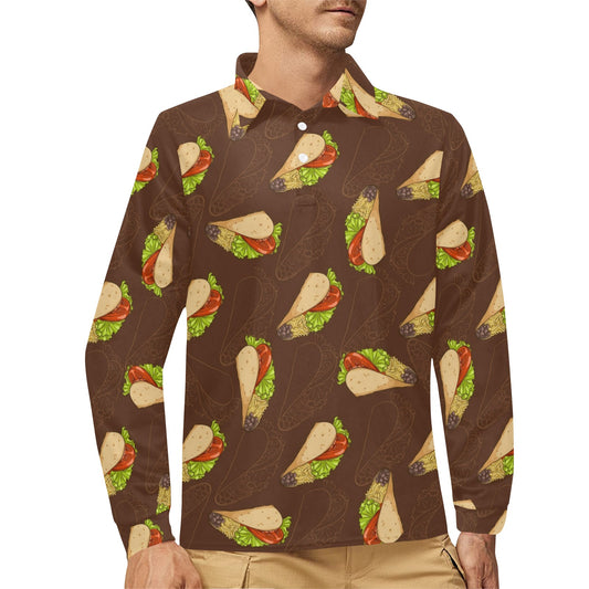 Taco Pattern Print Design TC08 Long Sleeve Polo Shirt For Men's
