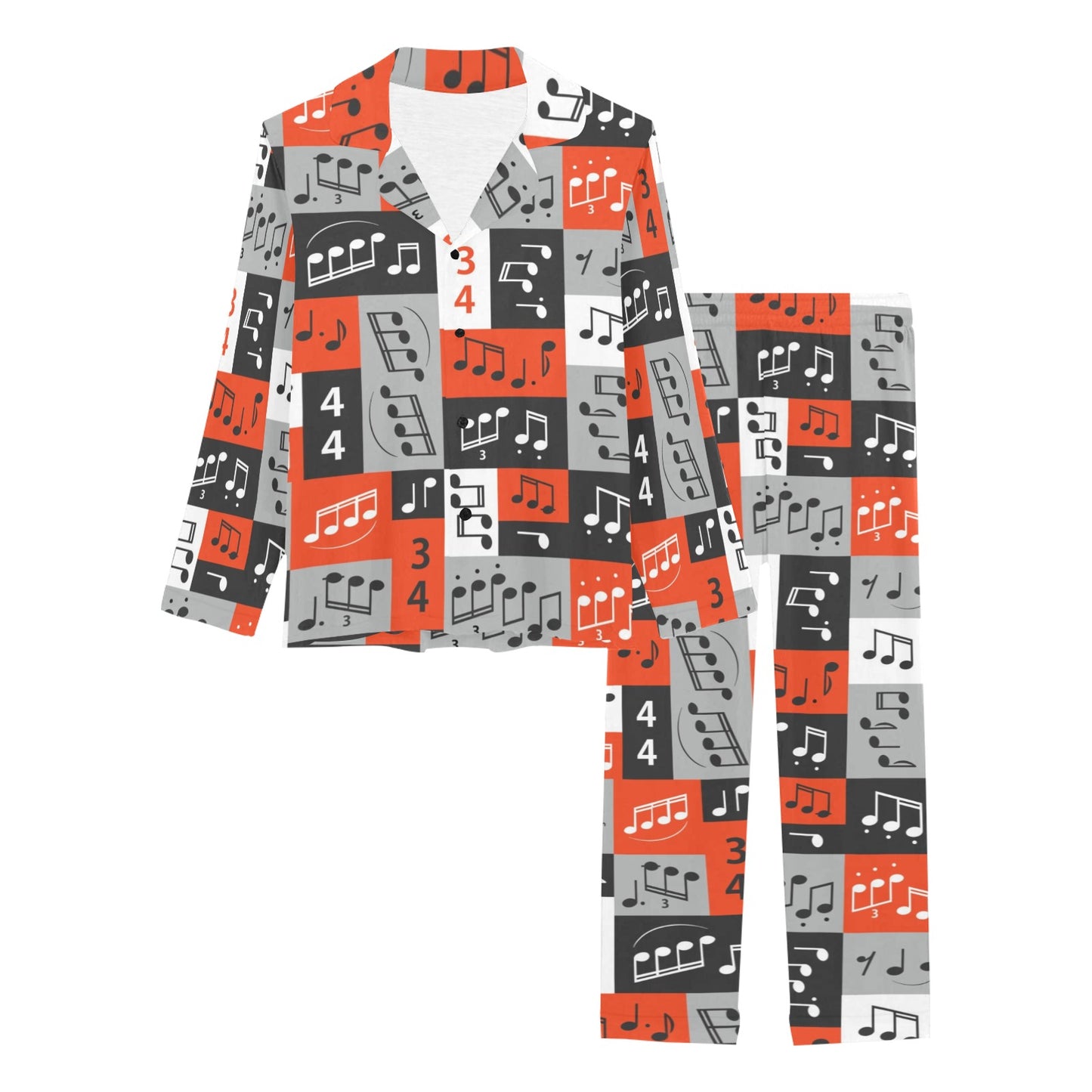Music Note Design Themed Print Women's Long Pajama Set