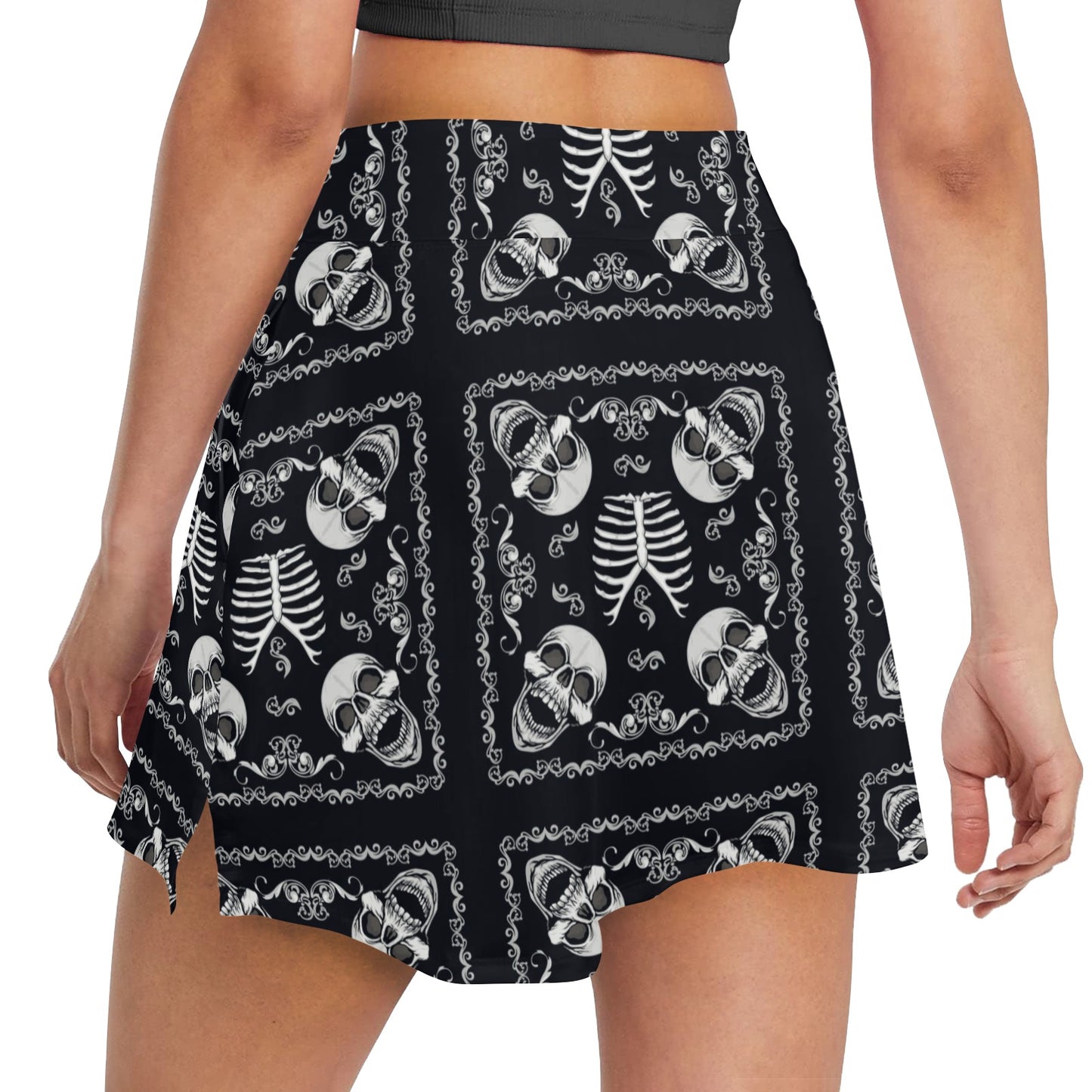 Bandana Skull Black White Print Design LKS306 17" Golf & Pickleball Skort with Pockets