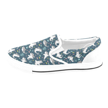 Shark Print Design LKS307 White Slip Ons Canvas Women's Shoes