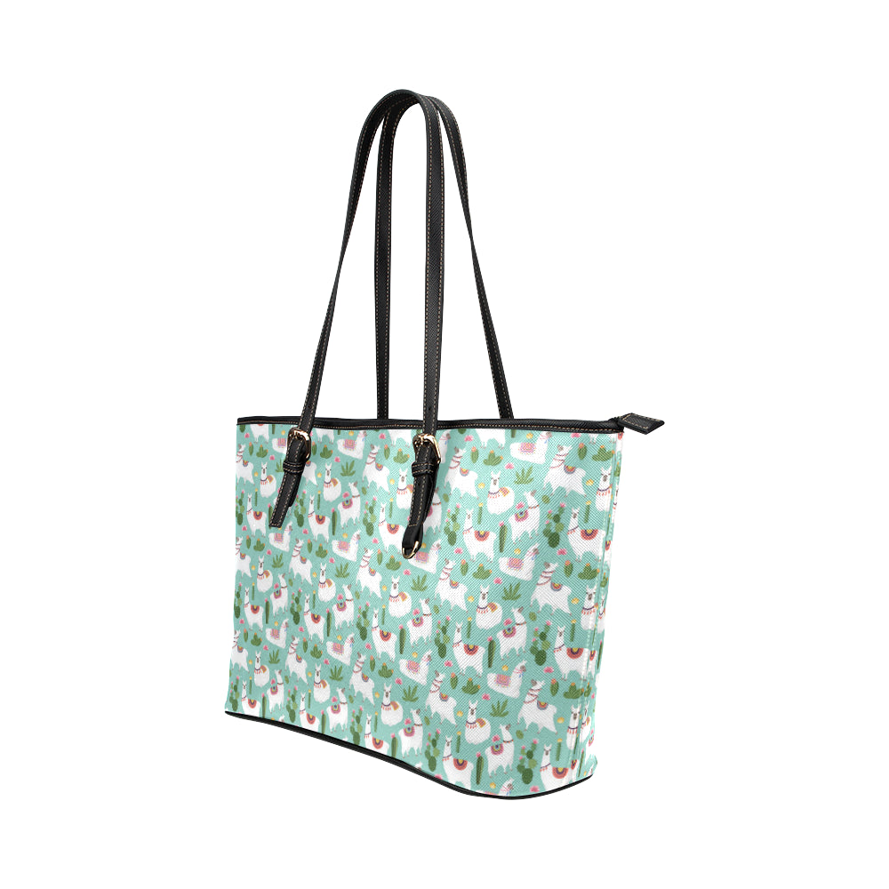 Llama with Cactus Themed Print Leather Tote Bag