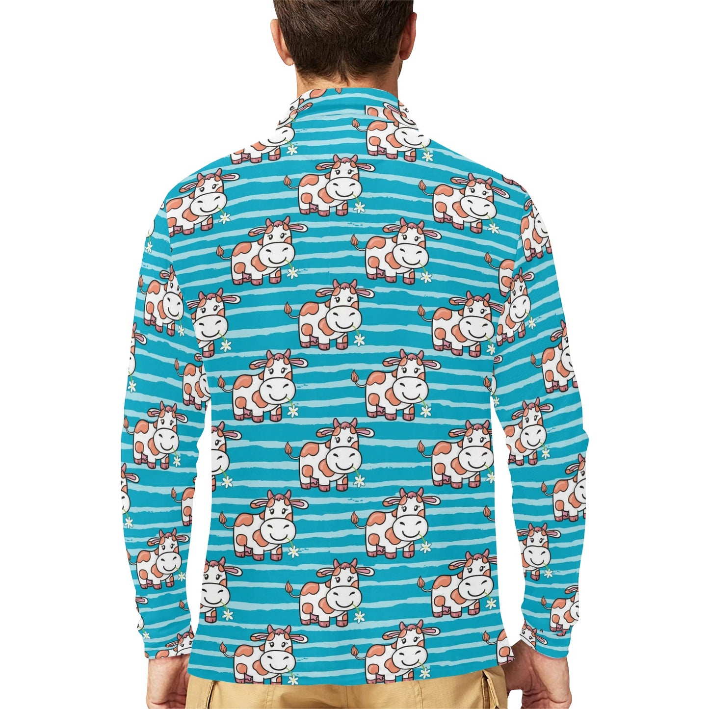 Cow Cute Print Pattern Long Sleeve Polo Shirt For Men's