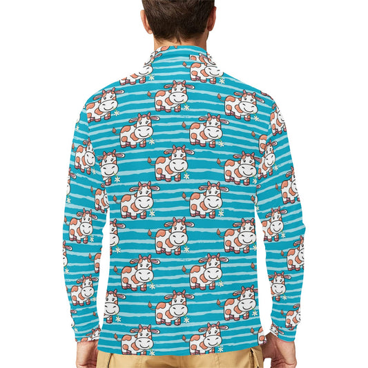 Cow Cute Print Pattern Long Sleeve Polo Shirt For Men's