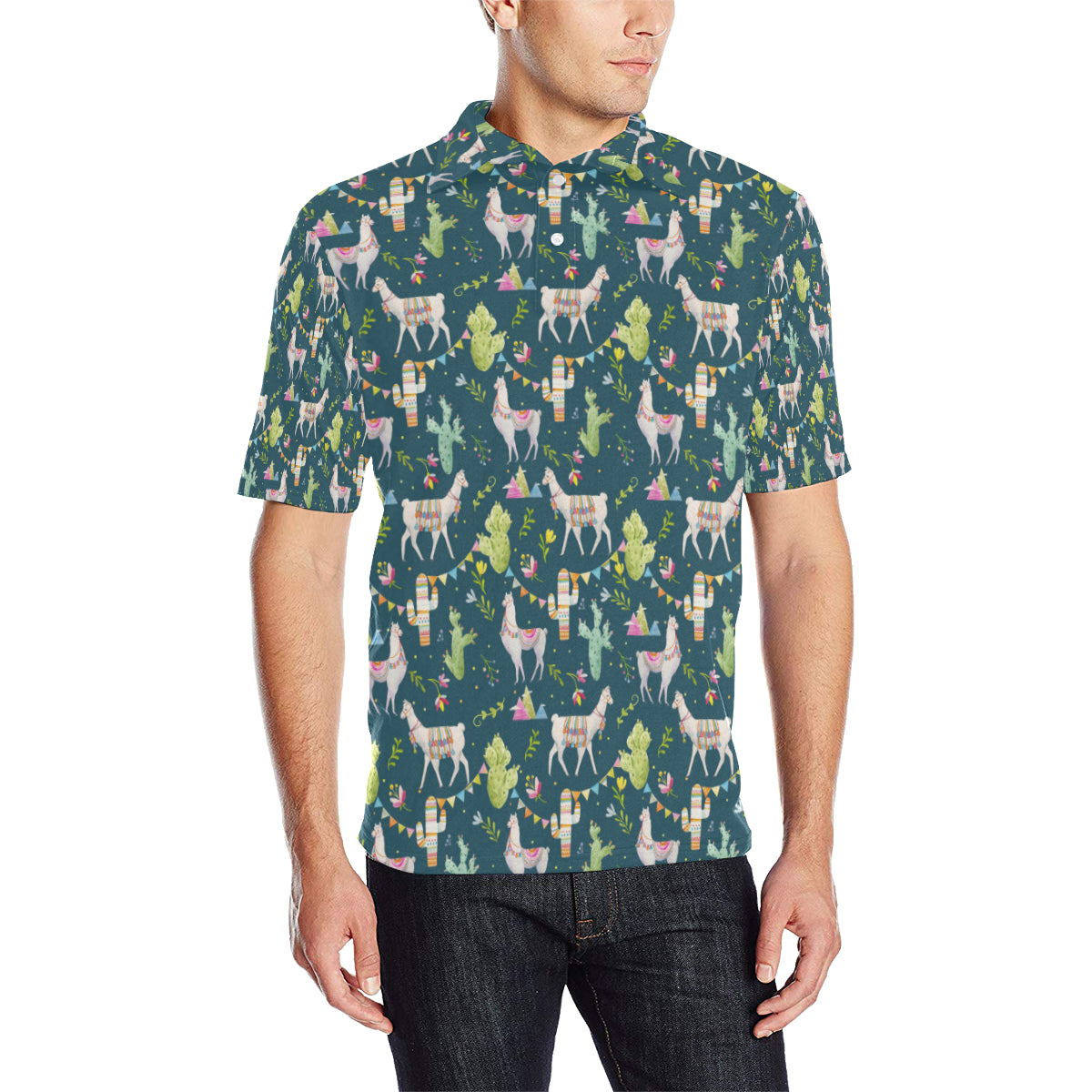 Llama with Cactus Design Print Men Polo Shirt