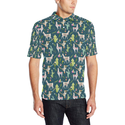 Llama with Cactus Design Print Men Polo Shirt