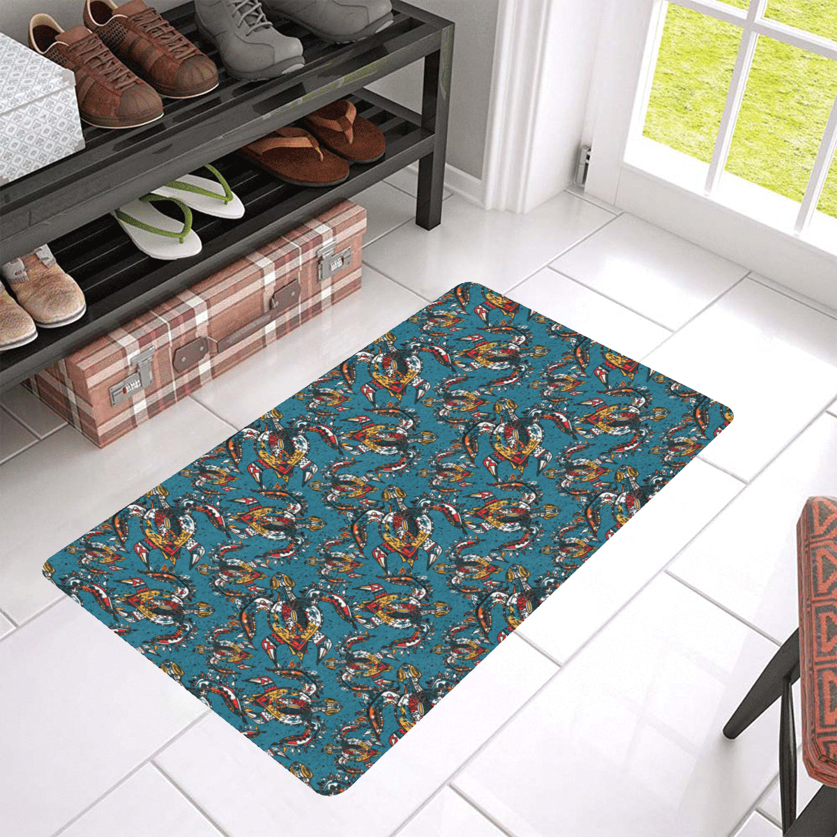 Sea Turtle Tribal Colorful Hand Drawn Rubber Doormat