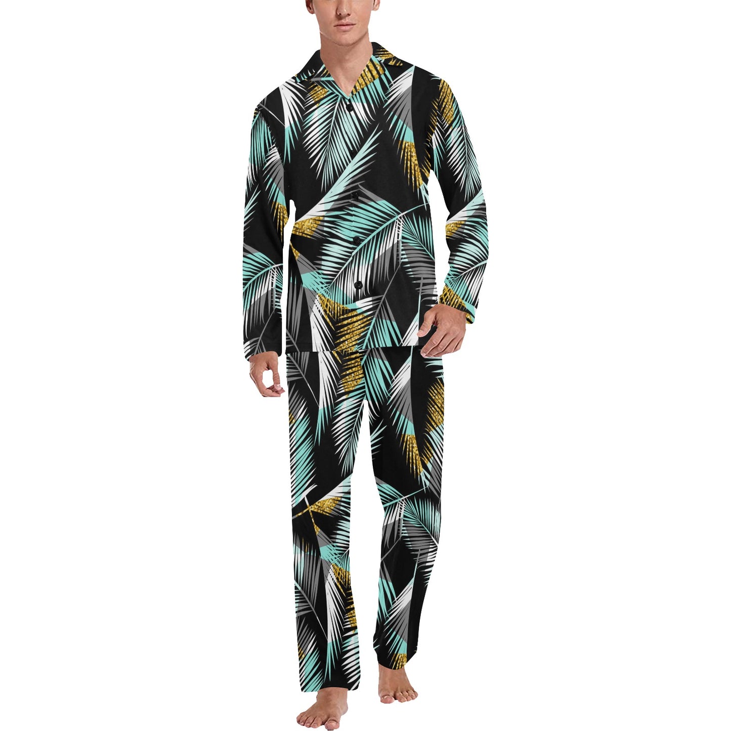 Gold Glitter Cyan Tropical Palm Leaves Men's Long Pajama Set