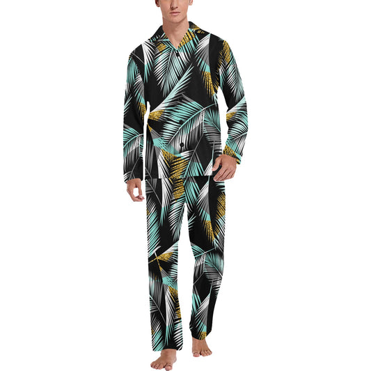 Gold Glitter Cyan Tropical Palm Leaves Men's Long Pajama Set