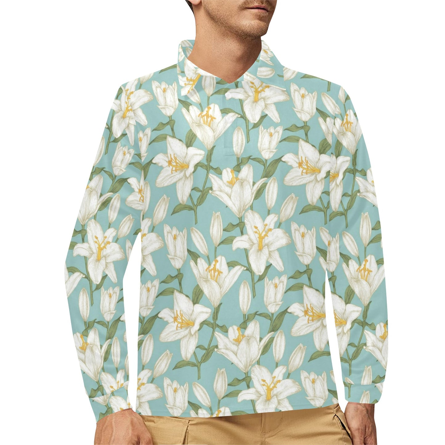 Lily Pattern Print Design LY09 Long Sleeve Polo Shirt For Men's