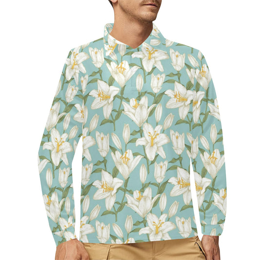 Lily Pattern Print Design LY09 Long Sleeve Polo Shirt For Men's