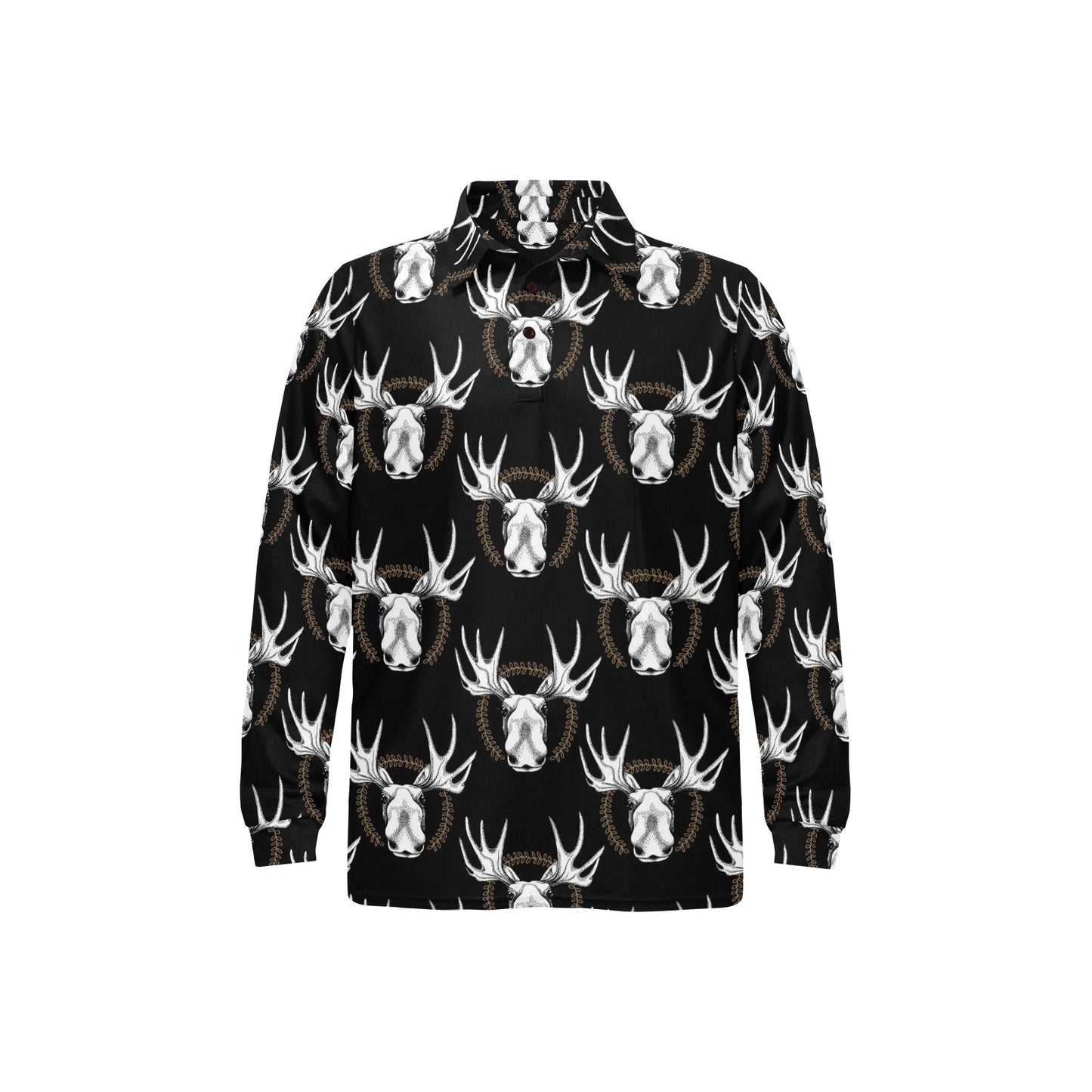 Moose Pattern Print Design 02 Long Sleeve Polo Shirt For Men's