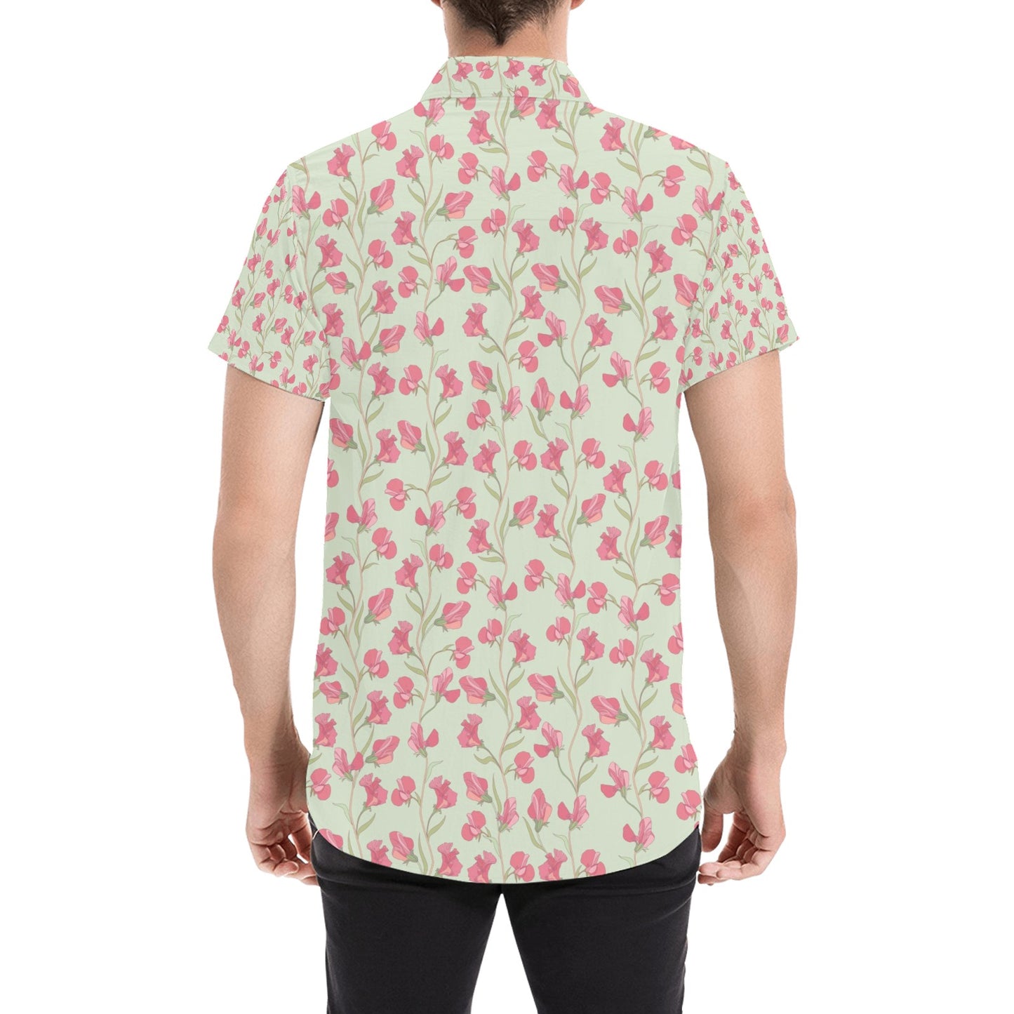 Sweet Pea Print Design LKS301 Men Short Sleeve Button Up Shirt