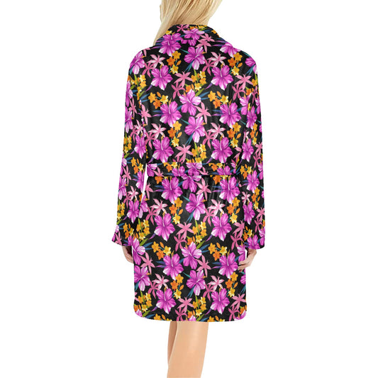 Tropical Folower Pink Hibiscus Print Women's Fleece Robe