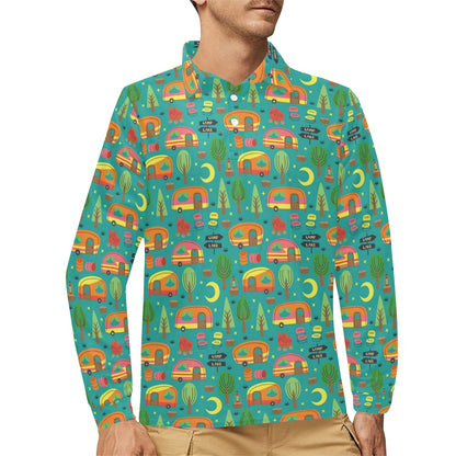 Camping Camper Pattern Print Design 05 Long Sleeve Polo Shirt For Men's