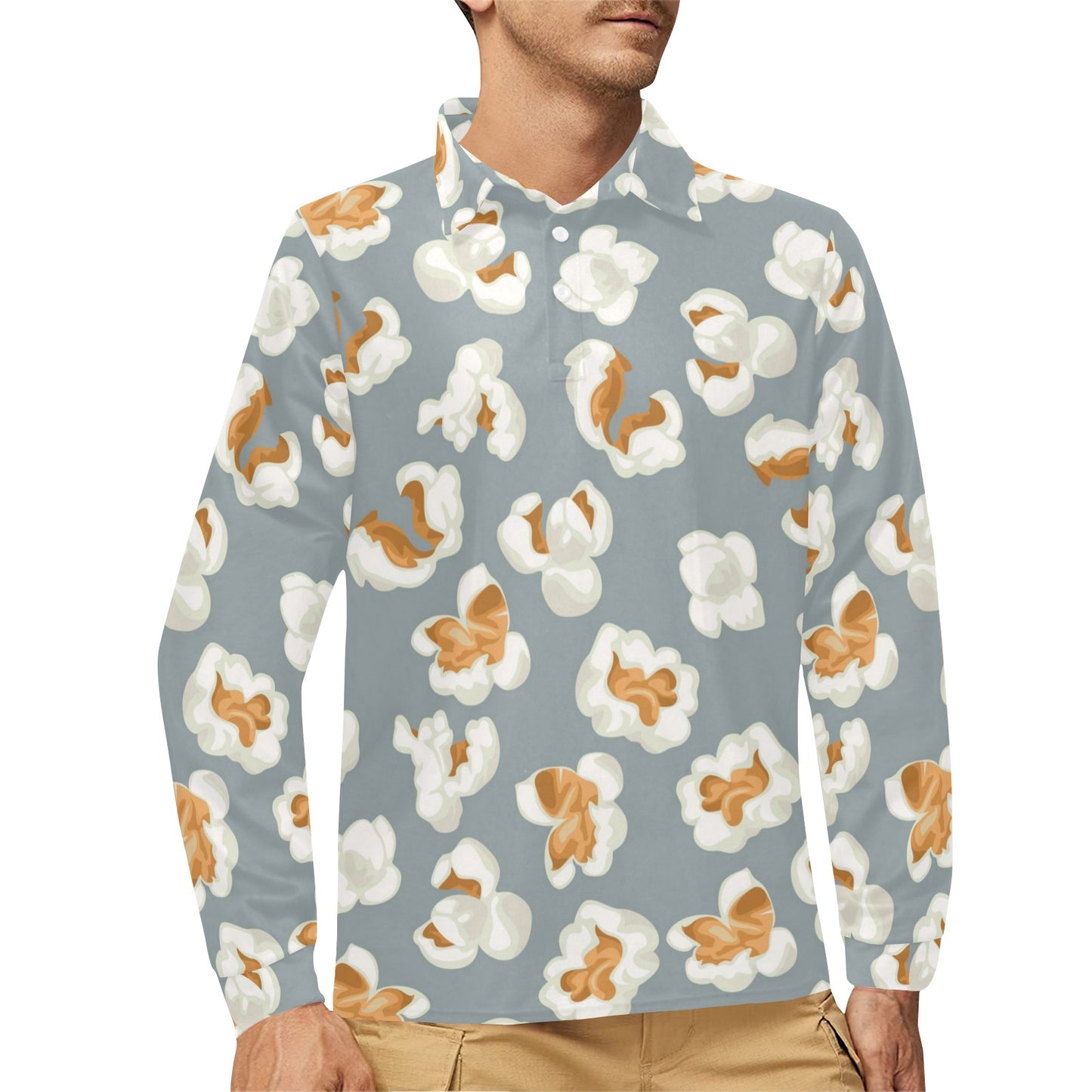 Popcorn Pattern Print Design A05 Long Sleeve Polo Shirt For Men's