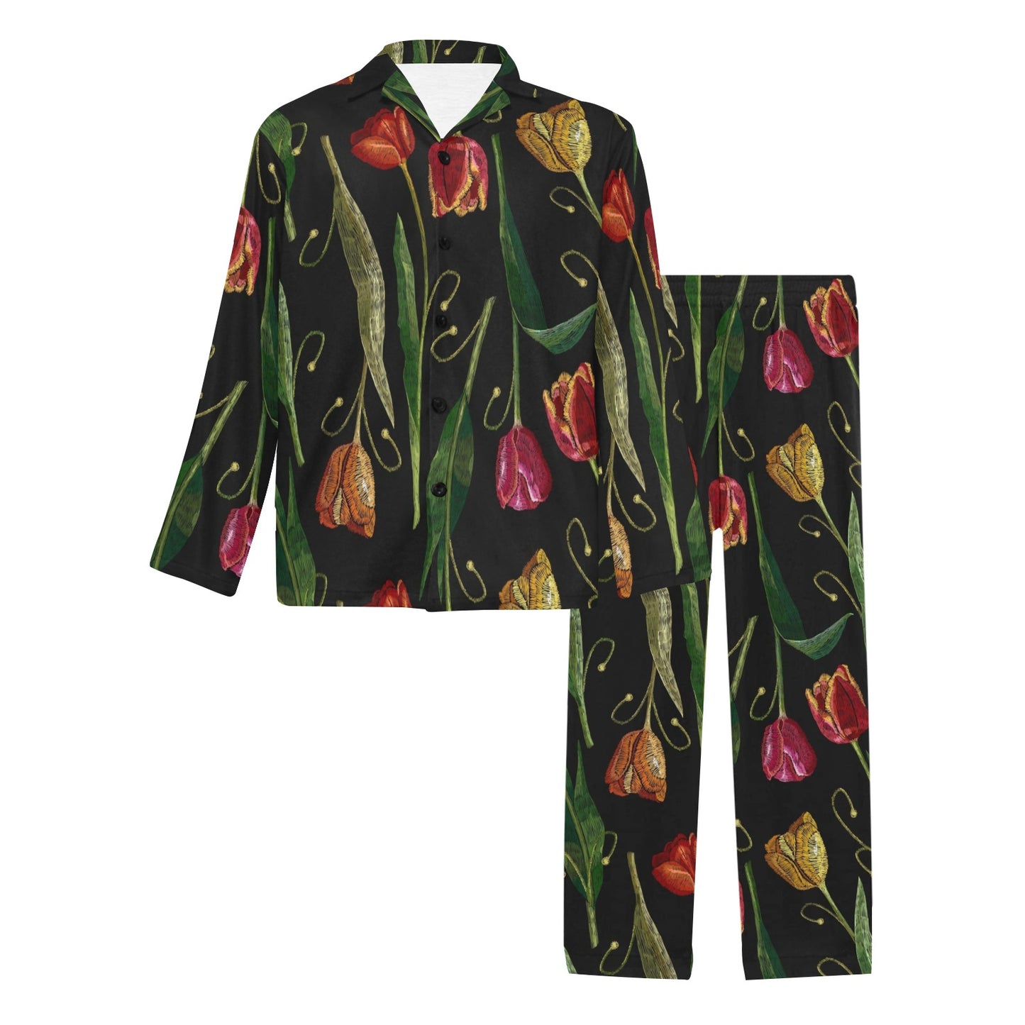 Tulip Embroidered Pattern Print Design TP01 Men's Long Pajama Set