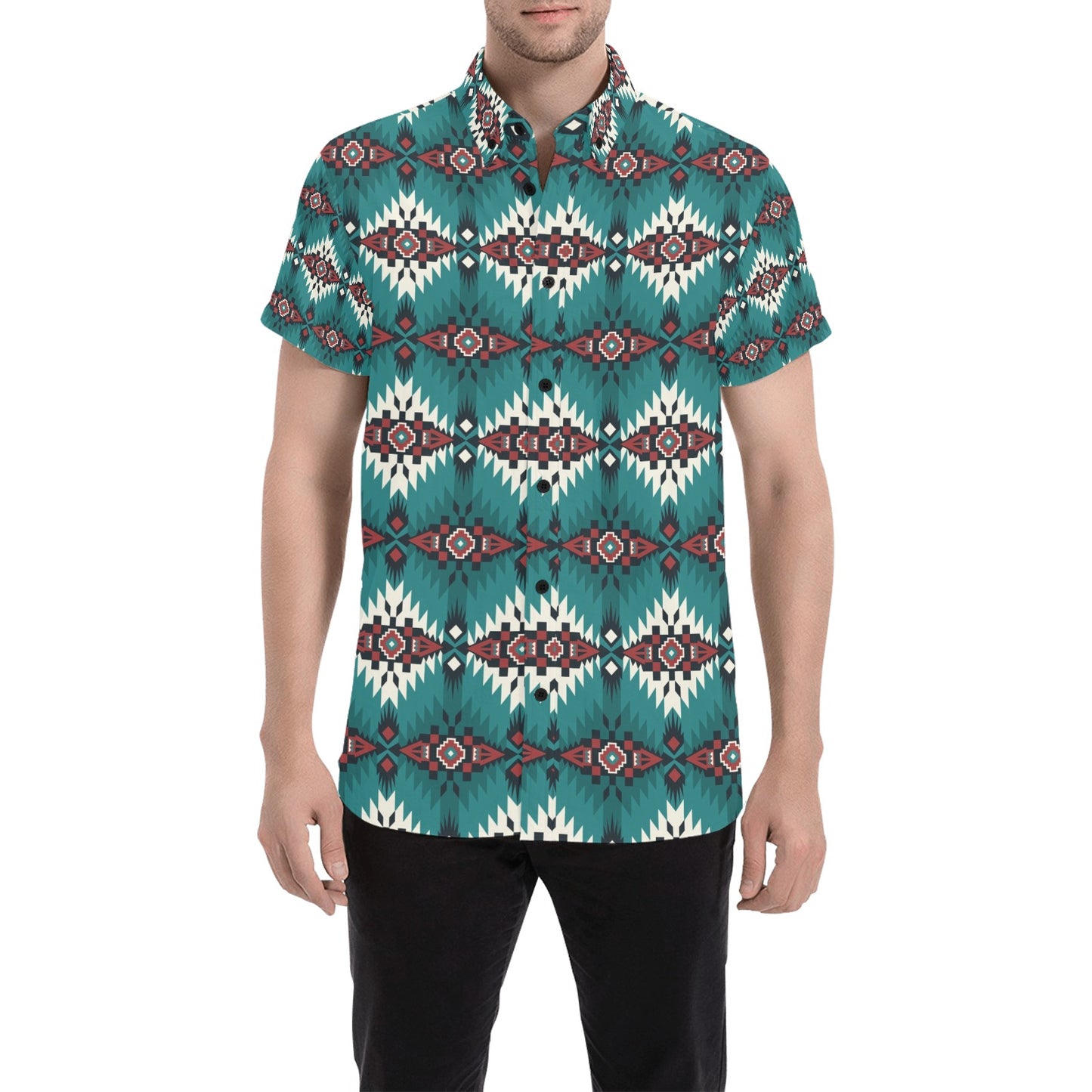 Southwest Pattern Print Design LKS308 Men Short Sleeve Button Up Shirt