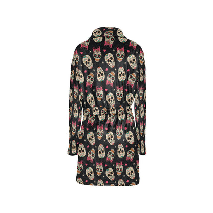 Sugar Skull Pink Bow Themed Print Women's Fleece Robe