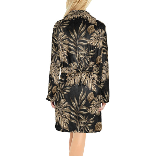 Brown Tropical Palm Leaves Women's Fleece Robe