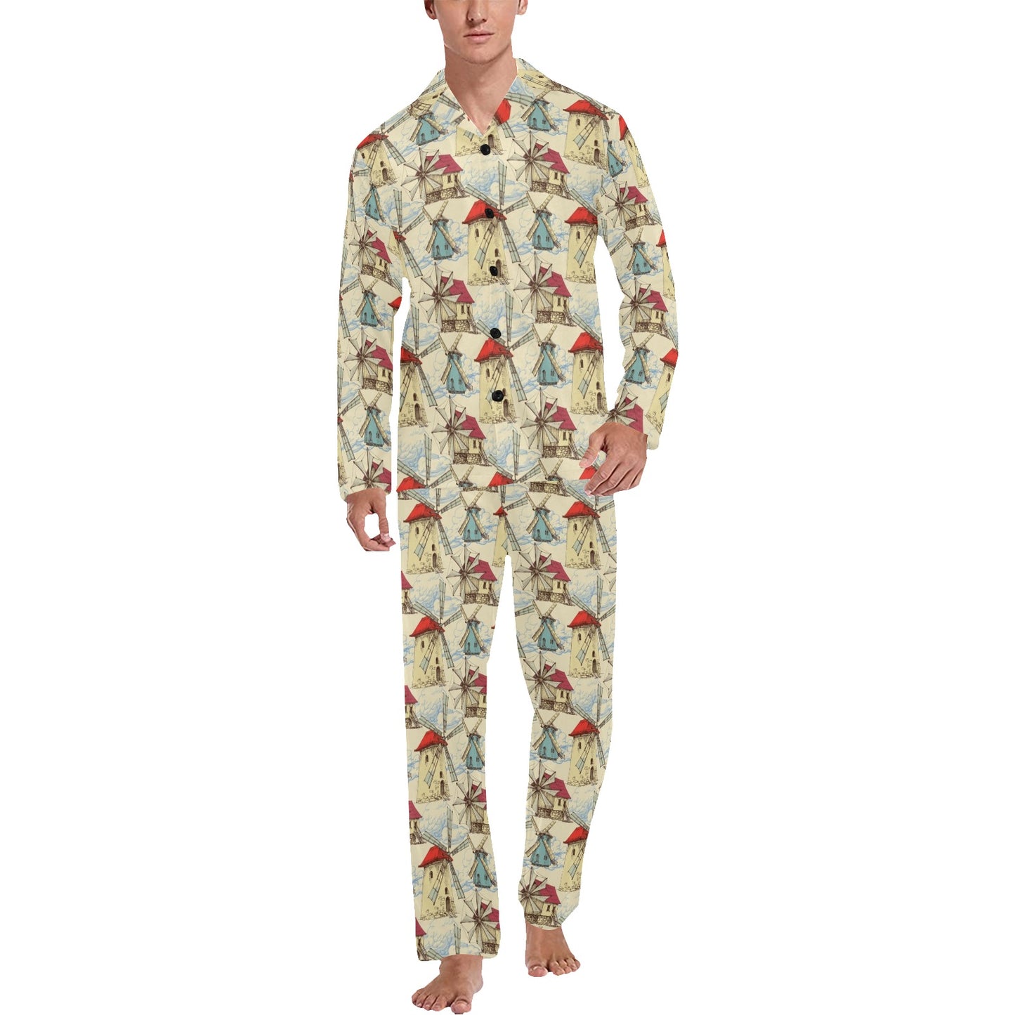 Windmill Pattern Print Design 01 Men's Long Pajama Set