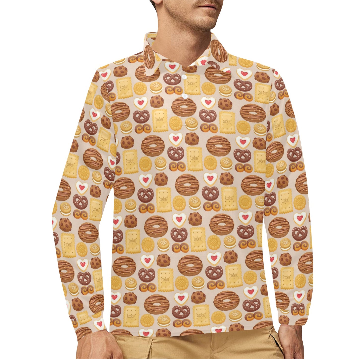 Cookie Pattern Print Design 02 Long Sleeve Polo Shirt For Men's