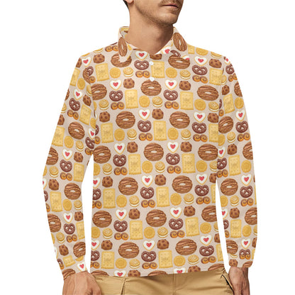 Cookie Pattern Print Design 02 Long Sleeve Polo Shirt For Men's