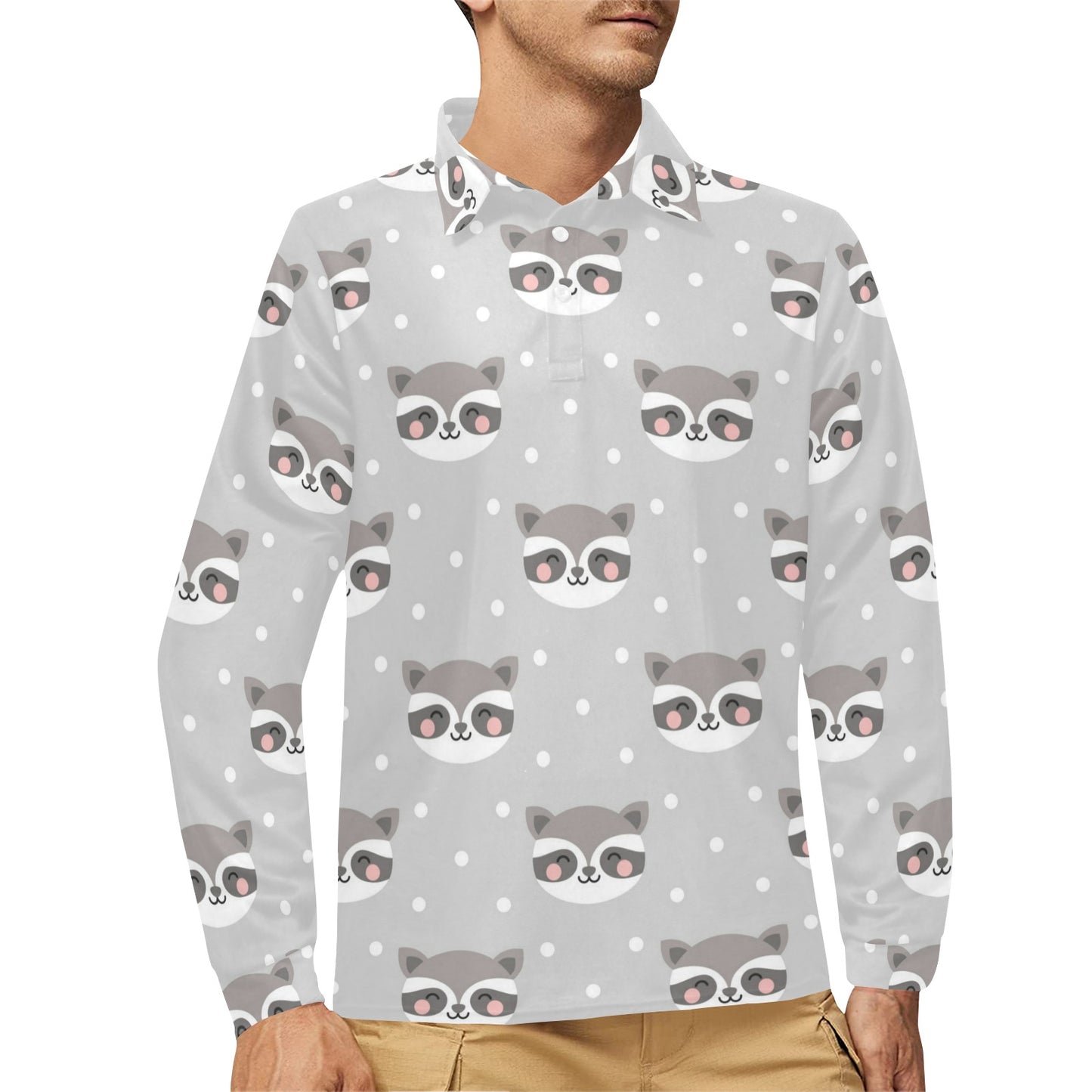 Raccoon Pattern Print Design A04 Long Sleeve Polo Shirt For Men's